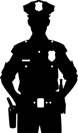 This image depicts a black silhouette of a police officer standing in profile. The officer is...