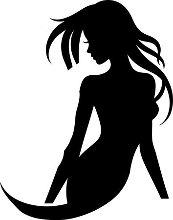 The image is a sleek black and white silhouette of a woman with long, flowing hair cascading down her back. She is captured in a dynamic pose, standing on one leg with her arms gracefully positioned near her face, giving a sense of motion and elegance. The simplicity of the design highlights the fluidity and gracefulness of her form.のイラスト素材