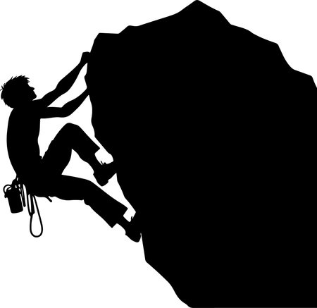 a silhouette of a man climbing a rock face while wearing a harness and climbing shoes. the man is shown in a dynamic pose with one leg bent and the other extended as he reaches for a hold on the rock. the rock face is large and imposing with a rough texture that suggests it is a challenging climb. the background of the image is white which helps to highlight the silhouette of the man and the rock face.のイラスト素材