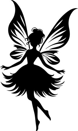 a black silhouette of a fairy with large wings and a flowing skirt, posed with one leg bent and arms outstretched, against a white backgroundのイラスト素材