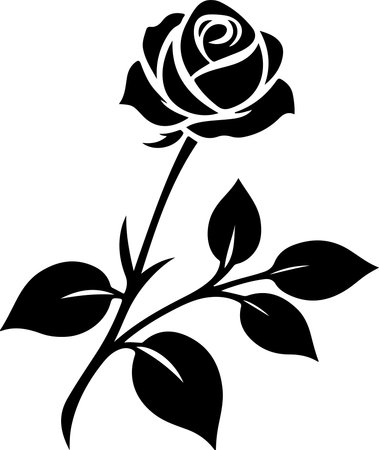 This is a clean, high-contrast vector graphic featuring a single rose in full bloom, depicted in solid black against a plain white background. The design showcases the intricate layers of the rose petals at the top, supported by a slender stem that branches out into several distinct, sharp-edged leaves. The artistic style is minimalist and bold, making it suitable for use as a stencil, tattoo design,  element, or digital icon where a clear, recognizable floral silhouette is required.のイラスト素材