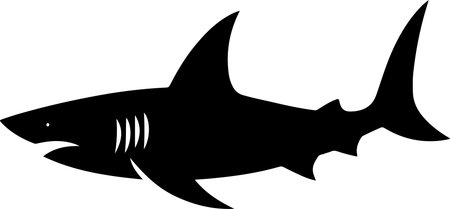 A clean, high-contrast black vector silhouette of a shark facing left, featuring sharp fins, gills, and a streamlined body shape isolated against a  white background, ideal for logos or icons.のイラスト素材