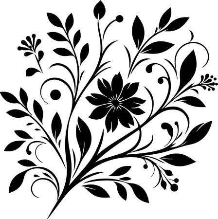 A high-contrast, black-and-white graphic illustration featuring a central stylized flower surrounded by delicate, flowing vines, various leaf shapes, and small circular accents. The design has a botanical, decorative feel, making it suitable for ornaments, stencils, or elegant print motifs, presented against a clean, solid white background.のイラスト素材