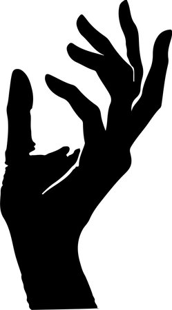 A high-contrast, black vector-style silhouette of a human hand depicted with fingers spread and reaching upwards. The image features clean, sharp edges against a  white background, emphasizing the shape and gesture of the limb in a minimalist, graphic art style.のイラスト素材