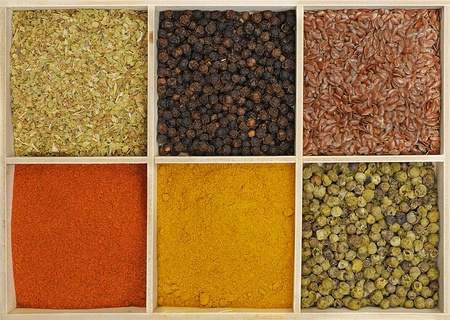 Six spices in a wooden square split jarの写真素材