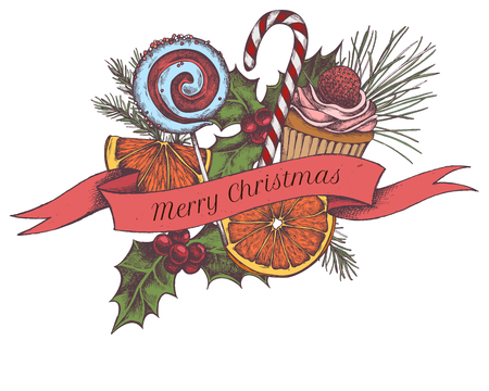 Vector composition with colored lollipop, oranges, cupcakes, holly, pine branch, spruce stock illustrationのイラスト素材