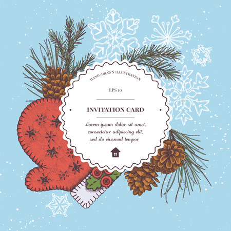 Vector composition with colored mitten, cones, snowflakes, pine branch, spruce stock illustrationのイラスト素材