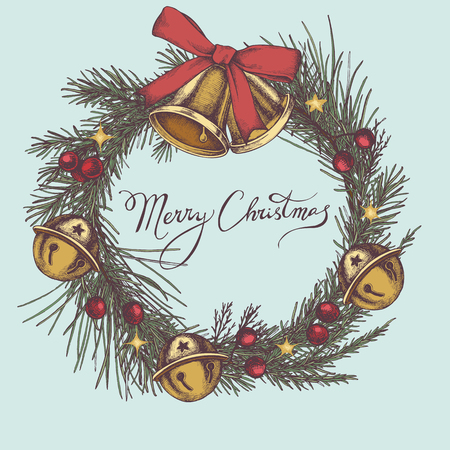 Vector composition with colored bells, jingles, bow, rowan, lettering, pine branch, spruce, redwood stock illustrationのイラスト素材