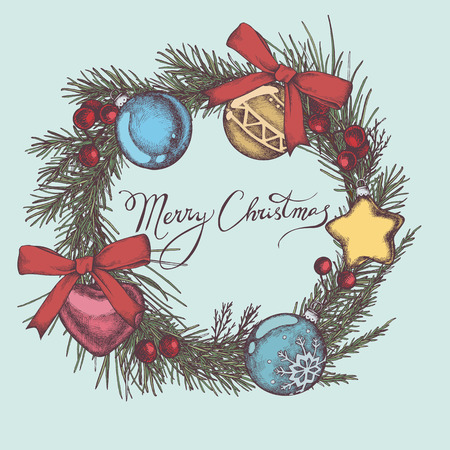 Vector composition with colored decorations, bow, rowan, lettering, pine branch, spruce, redwood stock illustrationのイラスト素材