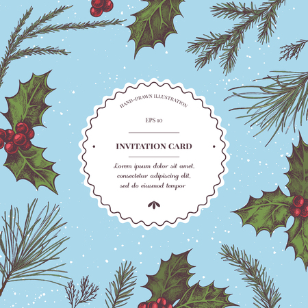 Vector composition with colored holly, pine branch, spruce, redwood stock illustrationのイラスト素材