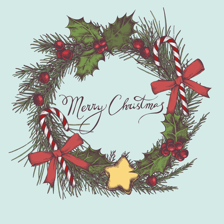Vector composition with colored decorations, lollipop, bow, holly, rowan, lettering, pine branch, spruce, redwood stock illustrationのイラスト素材