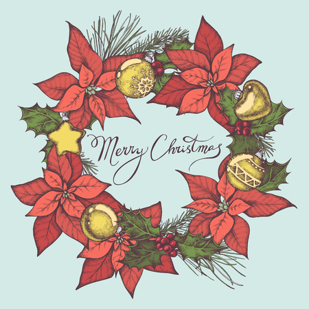 Vector composition with colored decorations, poinsettia, holly, lettering, pine branch, spruce stock illustrationのイラスト素材