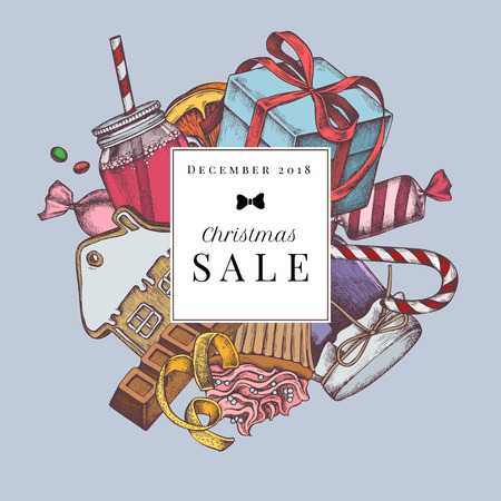 Vector composition with colored gift boxes, gingerbread, lollipop, candies, lemons, oranges, cupcakes, jars stock illustrationのイラスト素材