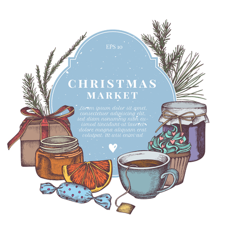 Vector composition with colored jars, tea cup, gift boxes, candies, oranges, cupcakes, pine branch, spruce, redwood stock illustrationのイラスト素材