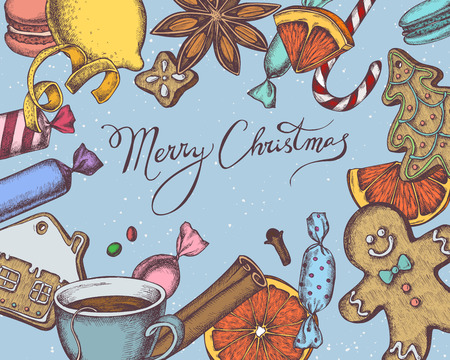 Vector composition with colored gingerbread men, gingerbread, cinnamon, macaron, lollipop, candies, lemons, oranges, lettering, tea cup stock illustrationのイラスト素材