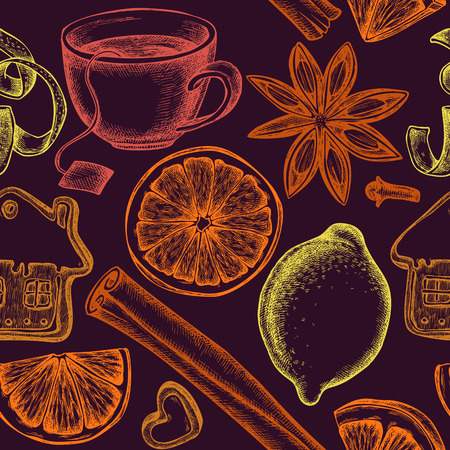 Seamless pattern with colored gingerbread, cinnamon, lemons, oranges, tea cup stock illustrationのイラスト素材