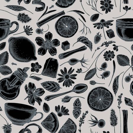 Seamless pattern with hand drawn stylized cinnamon, lemons, oranges, tea bag, sugar cubes, heather, chamomile, dog rose, peppermint, almond, strawberry, teaspoon, teapots, cups, sugar bowlのイラスト素材