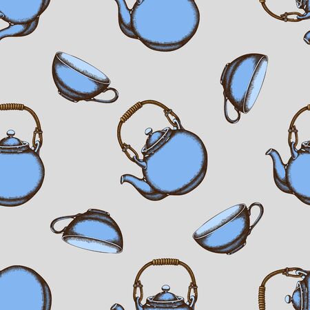 Seamless pattern with hand drawn colored teapots, cupsのイラスト素材
