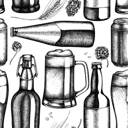 Seamless pattern with black and white rye, hop, mug of beer, bottles of beer, aluminum canのイラスト素材