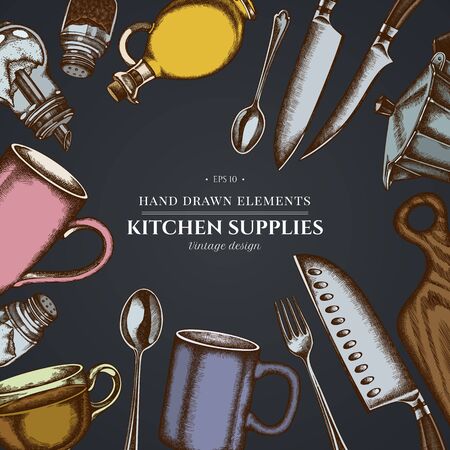 Design on dark background with Chefs knifes, teaspoon, spoon, fork, knife, cutting board, bottle of oil, teapots, coffee pot, cups, sugar bowl, pepper shaker, salt shakerのイラスト素材