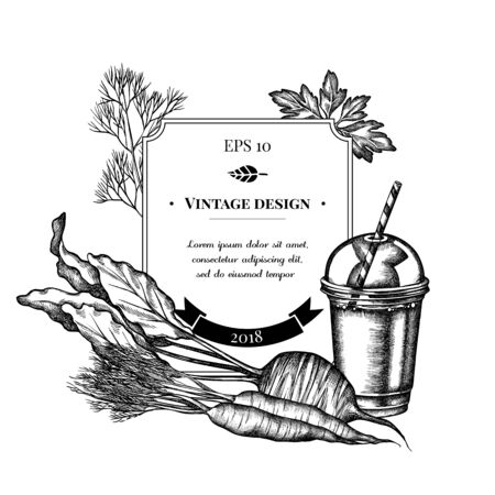 Badge design with black and white beet, greenery, carrot, smoothie cupのイラスト素材