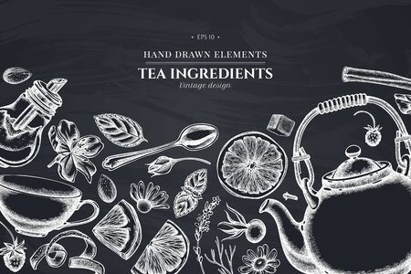 Design with chalk cinnamon, lemons, oranges, tea bag, sugar cubes, heather, chamomile, dog rose, peppermint, almond, strawberry, teaspoon, teapots, cups, sugar bowlのイラスト素材
