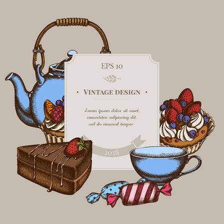 Badge design with colored candies, cupcake, teapots, cups, cake cake stock illustrationのイラスト素材