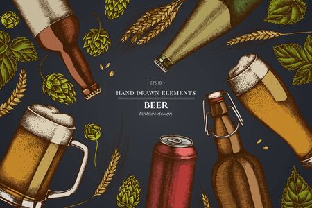 Design on dark background with rye, hop, mug of beer, bottles of beer, aluminum canのイラスト素材
