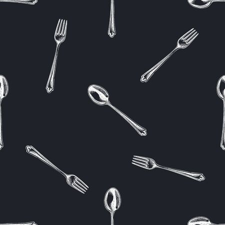 Seamless pattern with hand drawn chalk spoon, forkのイラスト素材