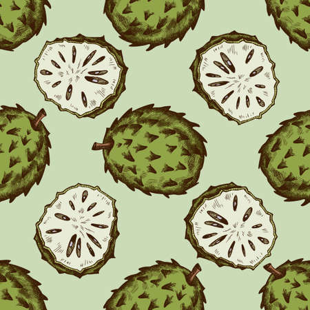 Seamless pattern with hand drawn colored soursop