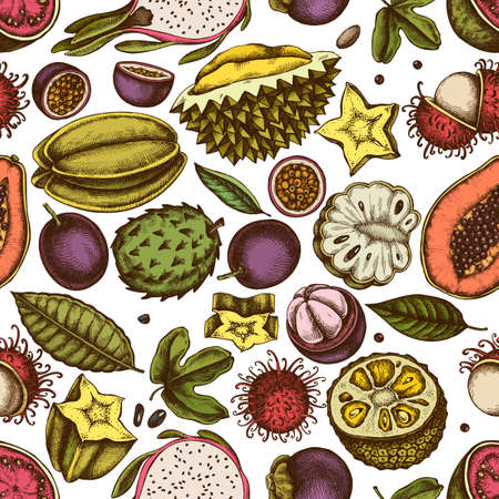 Seamless pattern with hand drawn colored papaya, guava, passion fruit, starfruit, durian, rambutan,...