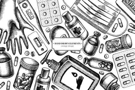 Design with black and white pills and medicines, medical face mask, sanitizer bottles, medical thermometer, coronavirus rapid test, soap, medical glovesのイラスト素材