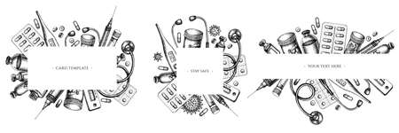 Frames with black and white vial of blood, pills and medicines, medical thermometer, coronavirus rapid test, coronavirus bacteria cell, stethoscope, syringe, vaccineのイラスト素材