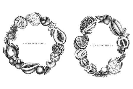 Wreath of black and white papaya, guava, passion fruit, starfruit, durian, rambutan, pitaya, jackfruit, sugar-apple, soursop, mangosteenのイラスト素材