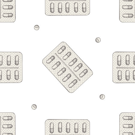 Seamless pattern with hand drawn pastel pills and medicinesのイラスト素材