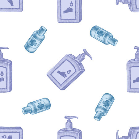 Seamless pattern with hand drawn pastel sanitizer bottlesのイラスト素材