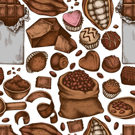 Seamless pattern with hand drawn colored cocoa beans, cocoa, chocolate, chocolate candiesのイラスト素材