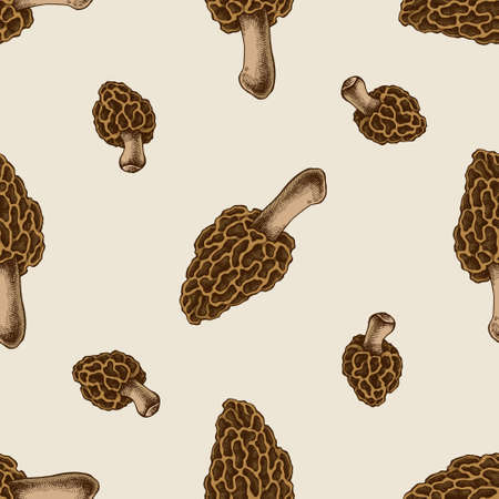 Seamless pattern with hand drawn colored morel mushroomのイラスト素材
