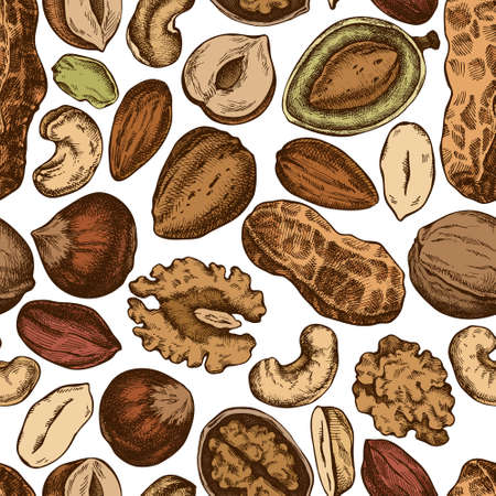 Seamless pattern with hand drawn colored cashew, peanut, pistachio, hazelnut, almond, walnutのイラスト素材