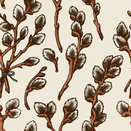Easter seamless pattern background design. Engraved style. Hand drawn willow branches.のイラスト素材