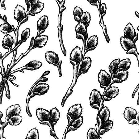 Easter seamless pattern background design. Engraved style. Hand drawn willow branches.のイラスト素材