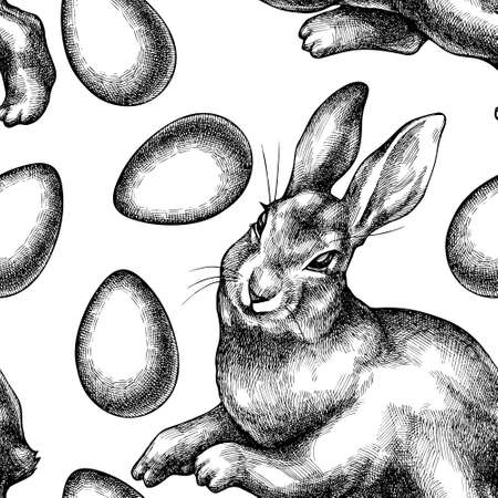 Easter seamless pattern background design. Engraved style. Hand drawn eggs, rabbit.のイラスト素材
