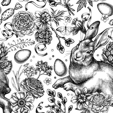 Easter seamless pattern background design. Engraved style. Hand drawn rabbit, eggs, willow branches, etc.のイラスト素材