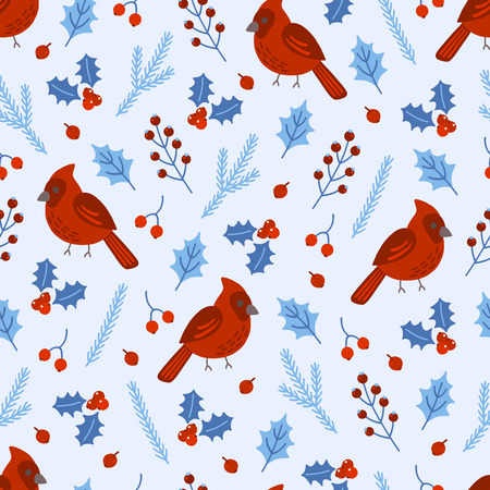 Christmas seamless pattern with holly leaves, berries, fir branches and northern cardinal birds on white background. Perfect for holiday invitations, wrapping paper, greeting cards.のイラスト素材