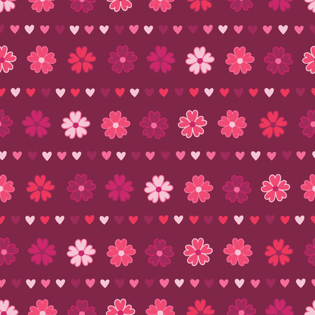 St. Valentine's Day seamless pattern with colorful flowers and hearts on dark pink background. Perfect for gift paper, greeting cards, wallpaper. Vector hand drawn illustration.のイラスト素材