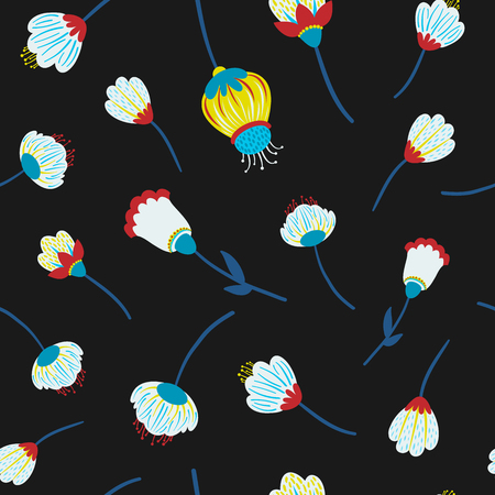 Folk floral seamless pattern in trendy modern style. Colorful wildflowers isolated on a dark background. Perfect for textile, background, paper.のイラスト素材