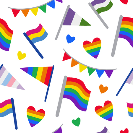Seamless pattern with LGBTQ community pride flags: gay, genderqueer, pansexual, intersexual. Pride month symbol. Hand drawn vector illustration for wrapping paper, fabric, print, wallpaper.のイラスト素材