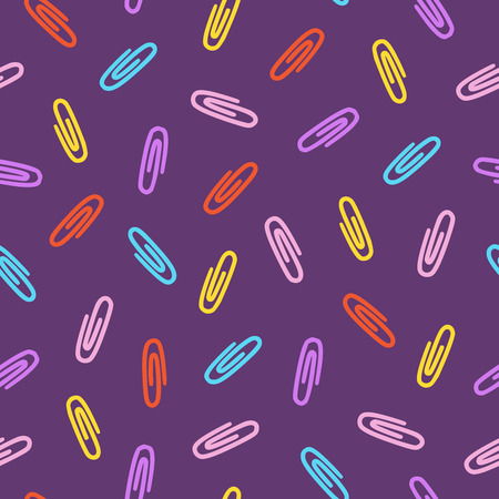 Back to school hand drawn seamless pattern. Flat vector illustration in cartoon style. Colorful paper clips on purple background. Wrapping paper, print, wallpaper design.のイラスト素材