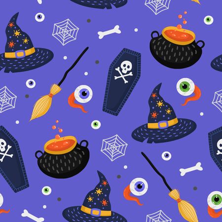 Halloween seamless pattern with broom, witch hat, spooky eyes and witches brew pot. Hand drawn vector illustration. Endless texture for fabric, background, wrapping paper. のイラスト素材