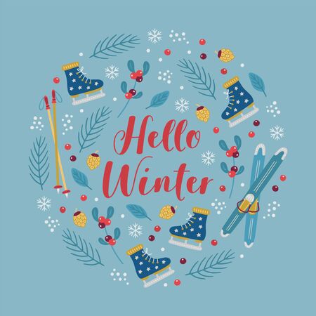 Christmas greeting card with pine branches, mistletoe, cones, skis, ice skates and snowflakes on blue background. Hand drawn vector illustration. Holiday greeting cards, poster design.のイラスト素材